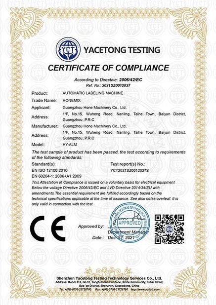 China Guangzhou Hone Machinery Co., Ltd. certification