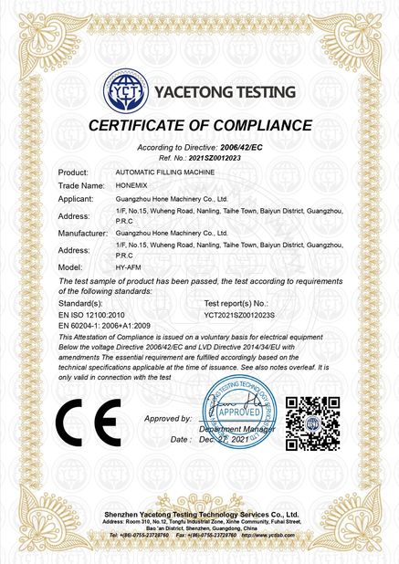 China Guangzhou Hone Machinery Co., Ltd. certification