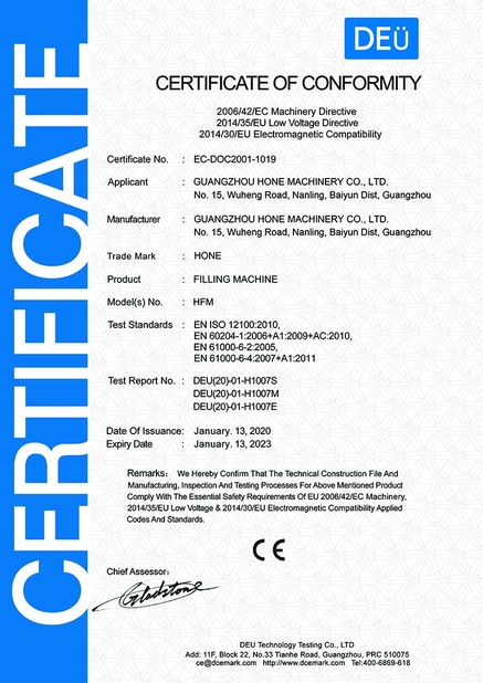 China Guangzhou Hone Machinery Co., Ltd. certification